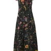 Black silk floral print flutter sleeve tie-front A-line tea dress with contrasting binding details