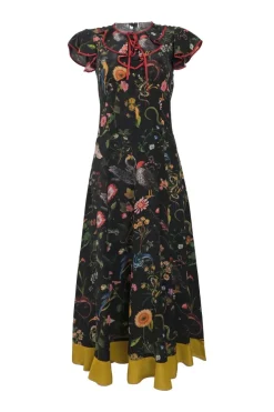 Black silk floral print flutter sleeve tie-front A-line tea dress with contrasting binding details