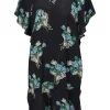 Black silk floral print flutter sleeve shift dress