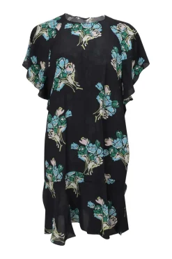 Black silk floral print flutter sleeve shift dress
