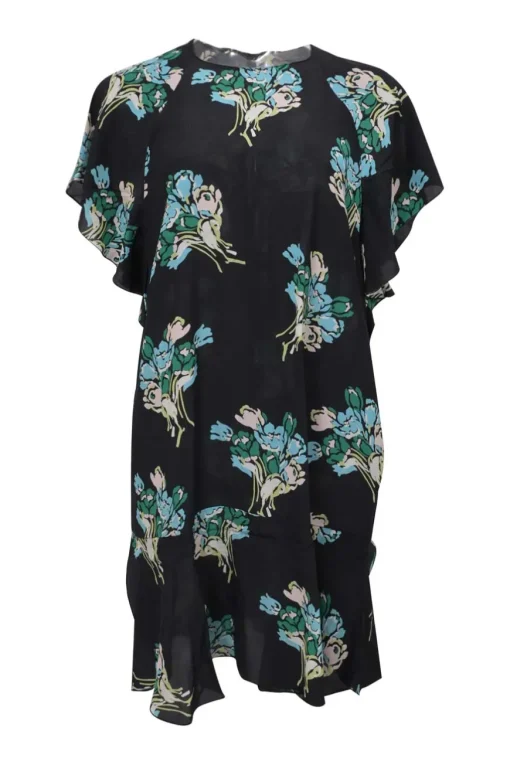 Black silk floral print flutter sleeve shift dress