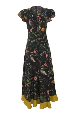 Black silk floral print flutter sleeve tie-front A-line tea dress with contrasting binding details