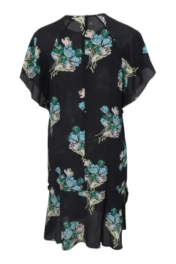 Black silk floral print flutter sleeve shift dress