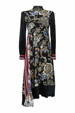 Black silk floral print mock neck long sleeve midi A-line dress with contrasting godet insert