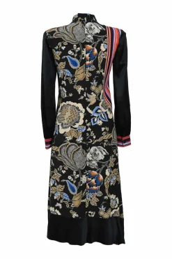Black silk floral print mock neck long sleeve midi A-line dress with contrasting godet insert
