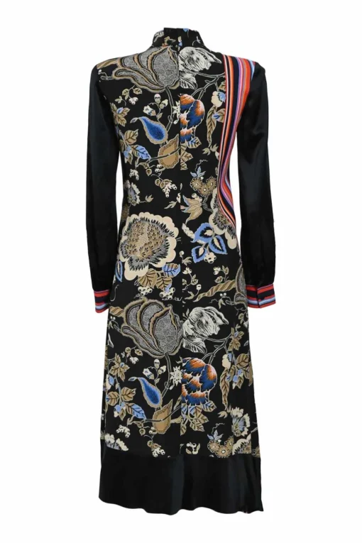 Black silk floral print mock neck long sleeve midi A-line dress with contrasting godet insert