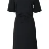 Black silk half-sleeve A-line knee-length dress with fixed bow appliqué at waistband