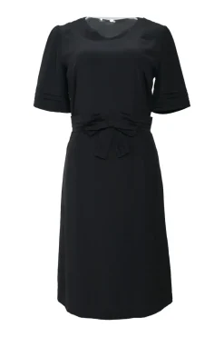 Black silk half-sleeve A-line knee-length dress with fixed bow appliqué at waistband