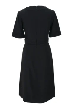 Black silk half-sleeve A-line knee-length dress with fixed bow appliqué at waistband