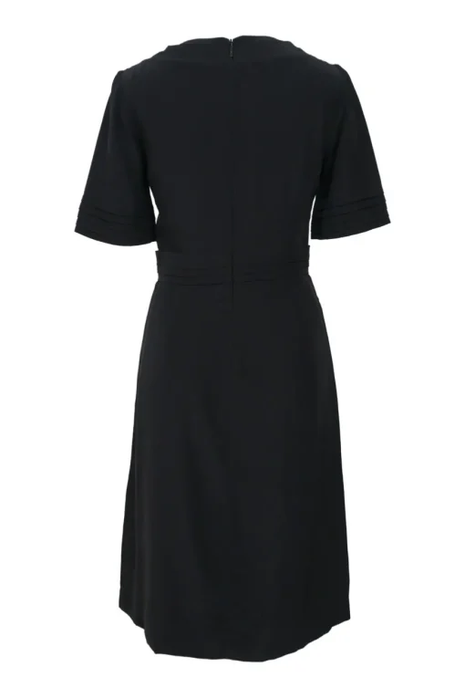 Black silk half-sleeve A-line knee-length dress with fixed bow appliqué at waistband