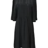 Black silk half-sleeve mini A-line dress with tonal lace bib inserts