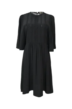 Black silk half-sleeve mini A-line dress with tonal lace bib inserts