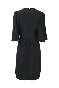Black silk half-sleeve mini A-line dress with tonal lace bib inserts