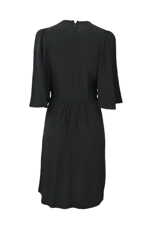 Black silk half-sleeve mini A-line dress with tonal lace bib inserts