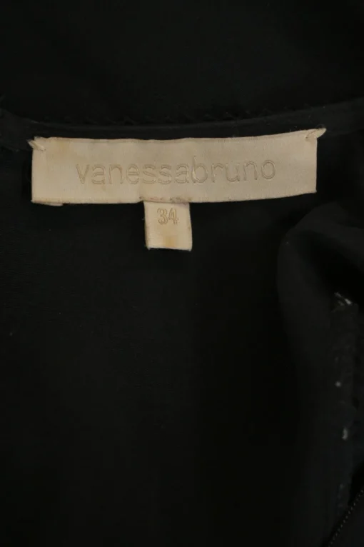 Black silk half-sleeve mini A-line dress with tonal lace bib inserts
