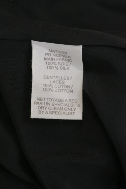 Black silk half-sleeve mini A-line dress with tonal lace bib inserts