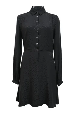 Black silk jacquard point collar half-button mini shirtdress