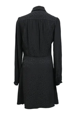 Black silk jacquard point collar half-button mini shirtdress
