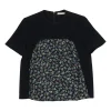 Black silk paneled crêpe and floral print swing-style crewneck pullover blouse