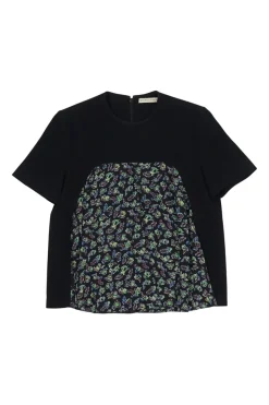 Black silk paneled crêpe and floral print swing-style crewneck pullover blouse