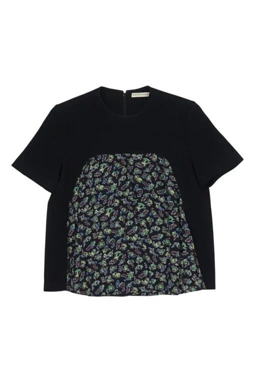Black silk paneled crêpe and floral print swing-style crewneck pullover blouse