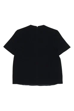 Black silk paneled crêpe and floral print swing-style crewneck pullover blouse
