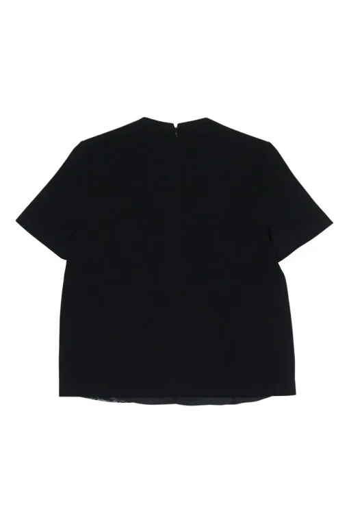 Black silk paneled crêpe and floral print swing-style crewneck pullover blouse
