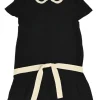 Black silk Peter Pan collar drop-waist shift dress with contrast binding details