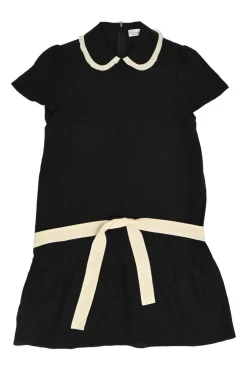 Black silk Peter Pan collar drop-waist shift dress with contrast binding details