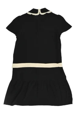 Black silk Peter Pan collar drop-waist shift dress with contrast binding details
