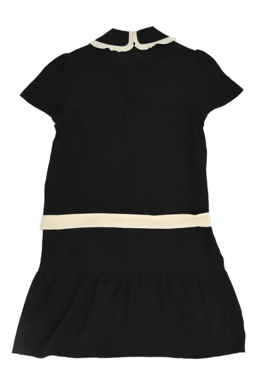Black silk Peter Pan collar drop-waist shift dress with contrast binding details