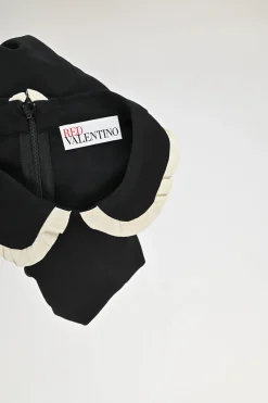 Black silk Peter Pan collar drop-waist shift dress with contrast binding details