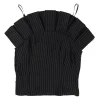 Black silk pinstripe pleated bustier top with adjustable spaghetti straps
