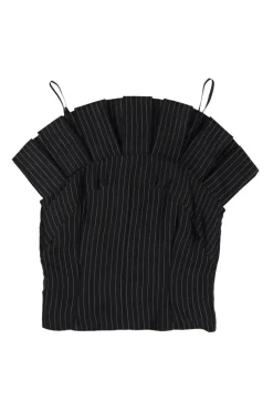 Black silk pinstripe pleated bustier top with adjustable spaghetti straps