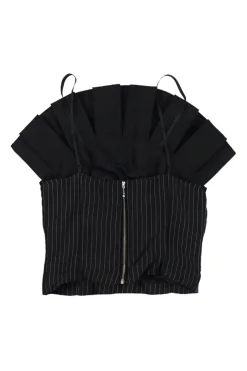 Black silk pinstripe pleated bustier top with adjustable spaghetti straps