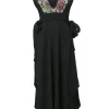 Black silk plunge neck sleeveless A-line midi dress featuring topstitched floral print bodice appliqué