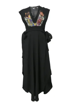 Black silk plunge neck sleeveless A-line midi dress featuring topstitched floral print bodice appliqué