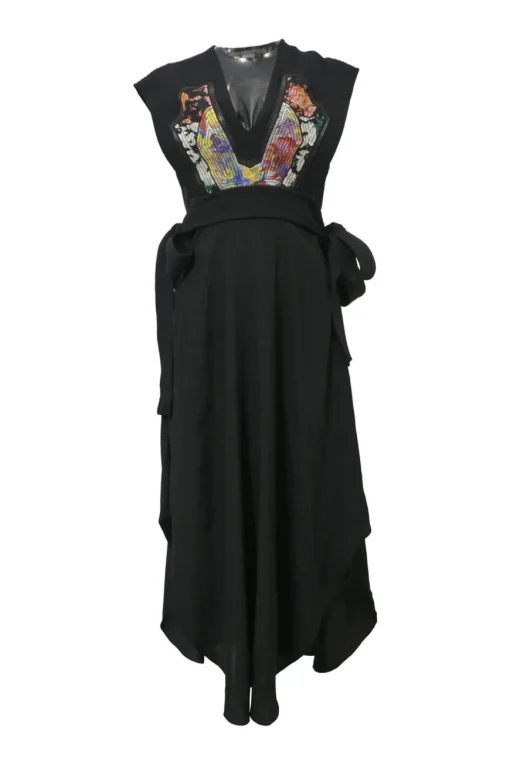 Black silk plunge neck sleeveless A-line midi dress featuring topstitched floral print bodice appliqué