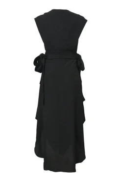 Black silk plunge neck sleeveless A-line midi dress featuring topstitched floral print bodice appliqué