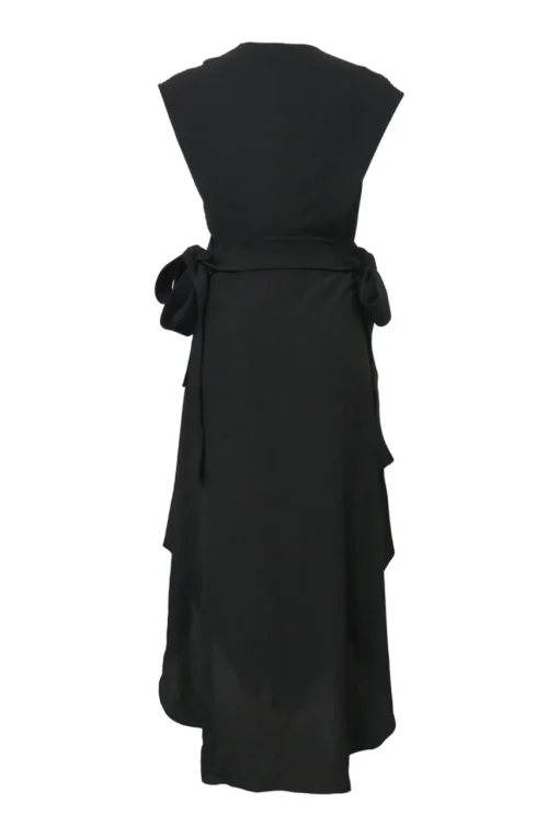 Black silk plunge neck sleeveless A-line midi dress featuring topstitched floral print bodice appliqué