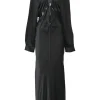 Black silk plunge neck Triquetra tie-front long sleeve maxi dress
