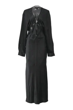 Black silk plunge neck Triquetra tie-front long sleeve maxi dress