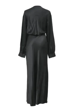 Black silk plunge neck Triquetra tie-front long sleeve maxi dress