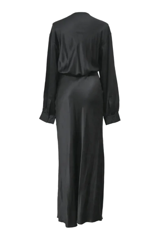 Black silk plunge neck Triquetra tie-front long sleeve maxi dress