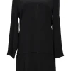 Black silk portrait neck drop-waist shift dress with knife-pleat skirt