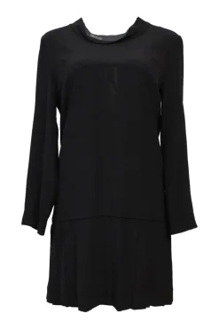Black silk portrait neck drop-waist shift dress with knife-pleat skirt