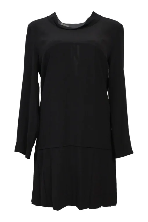 Black silk portrait neck drop-waist shift dress with knife-pleat skirt
