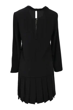 Black silk portrait neck drop-waist shift dress with knife-pleat skirt