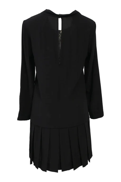 Black silk portrait neck drop-waist shift dress with knife-pleat skirt