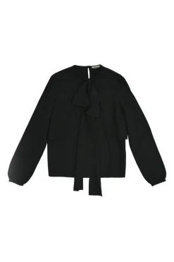 Black silk pussy-bow blouse with keyhole back